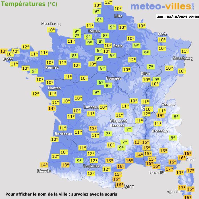 Carte des températures actuelles